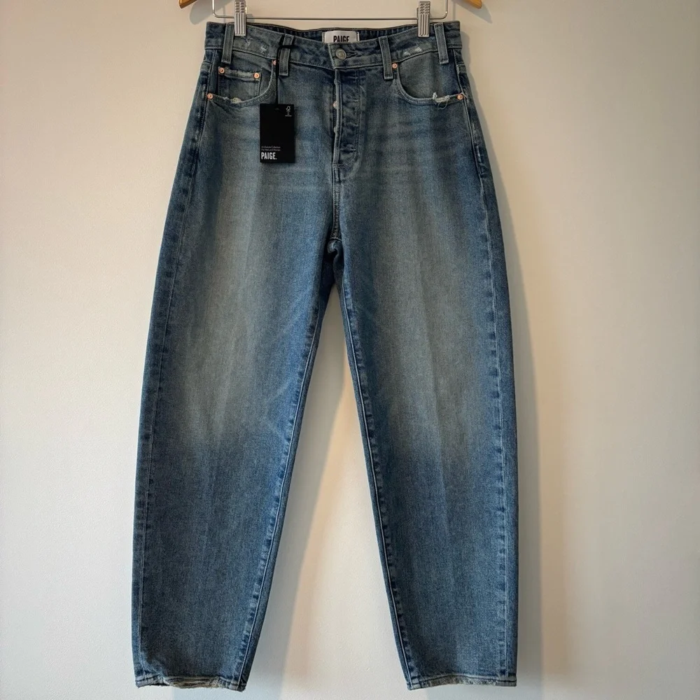 NWT PAIGE Alexis High Rise Barrel Leg Cats Meow Distressed Medium Wash Jeans - Picture 4 of 16